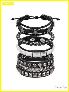 4 Pc Leather Spiked Bracelets Set PU Alloy Cuff Punk Gothic